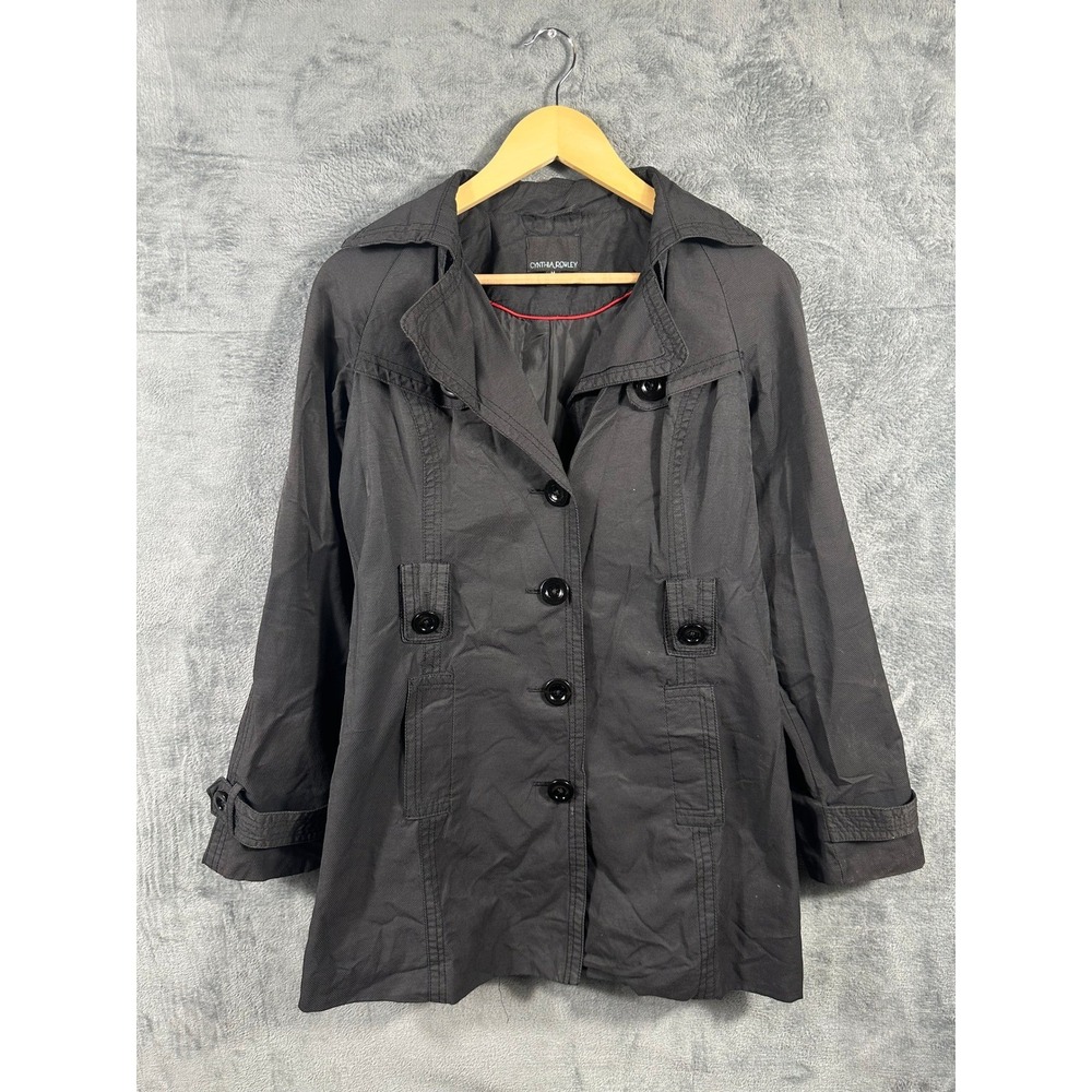 Cynthia Rowley Womens Black Button Front Trench Coat Jacket Medium